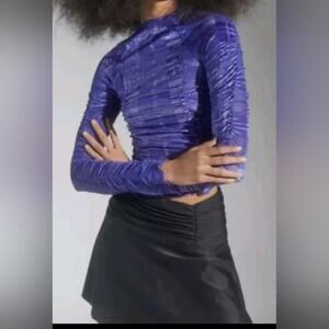 Urban outfitters Blue Natalia velvet Burnout mock neck long sleeve Top size L